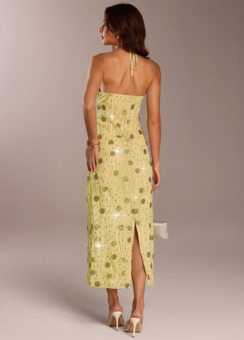 Світло-жовтий святковий, вечірня сукня з відкритими плечима SHEIN однотонна