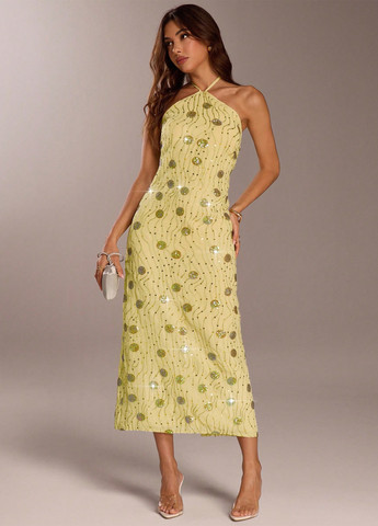 Світло-жовтий святковий, вечірня сукня з відкритими плечима SHEIN однотонна