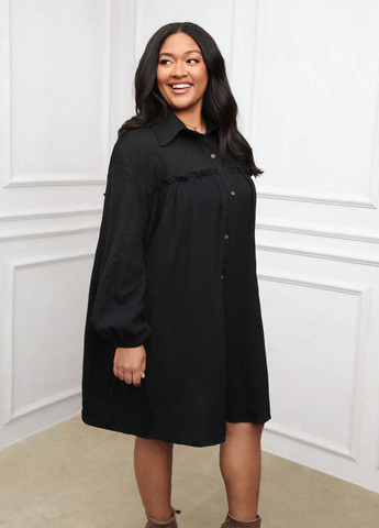 Черное кэжуал платье рубашка SHEIN однотонное