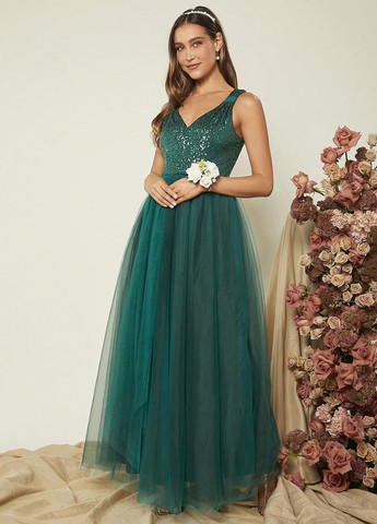 Темно-зеленое вечернее платье а-силуэт SHEIN однотонное