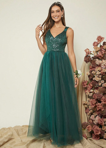 Темно-зеленое вечернее платье а-силуэт SHEIN однотонное