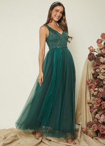 Темно-зеленое вечернее платье а-силуэт SHEIN однотонное