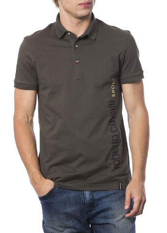 Оливковая (хаки) футболка-поло для мужчин Roberto Cavalli с надписью