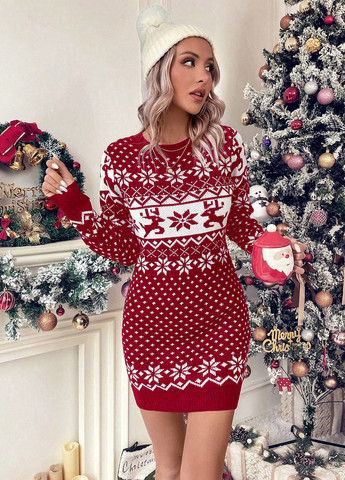 Бордова кежуал сукня сукня светр SHEIN з новорічним принтом