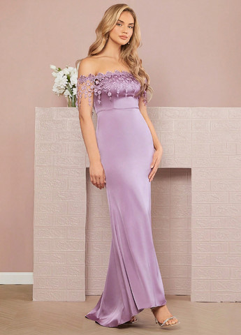 Сиреневое вечернее платье годе, с открытыми плечами, с открытой спиной, со шлейфом SHEIN однотонное