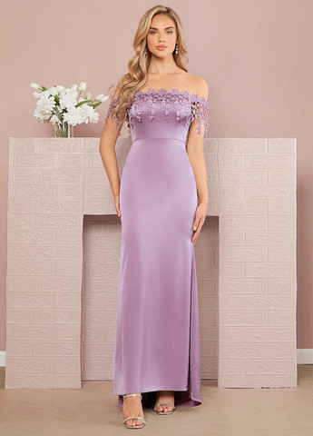 Сиреневое вечернее платье годе, с открытыми плечами, с открытой спиной, со шлейфом SHEIN однотонное