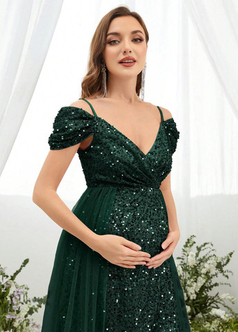 Темно-зеленое праздничный, вечернее платье для беременных в стиле ампир SHEIN однотонное