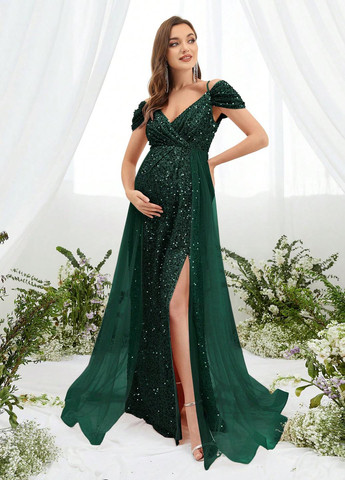 Темно-зеленое праздничный, вечернее платье для беременных в стиле ампир SHEIN однотонное