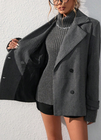 Темно-сіре Кежуал напівпальто двобортне SHEIN меланж