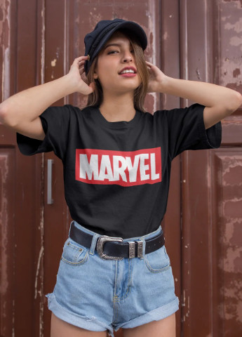 Чорна всесезон жіноча футболка чорна з принтом "marvel" Maybel