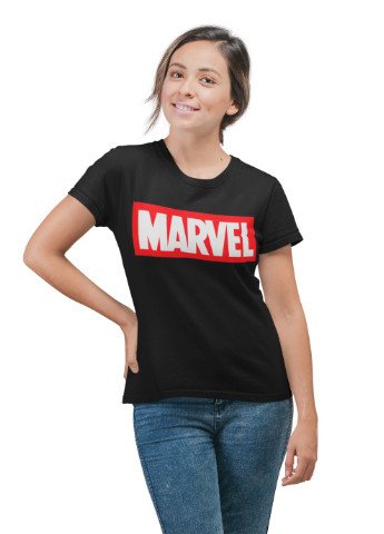 Черная всесезон футболка женская чёрная с принтом "marvel" Maybel