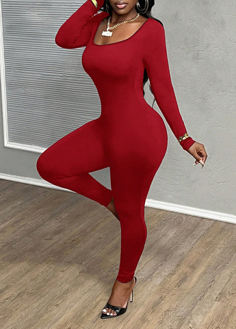 Комбинезон SHEIN комбинезон-брюки однотонный вишнёвый вечерний полиэстер, трикотаж