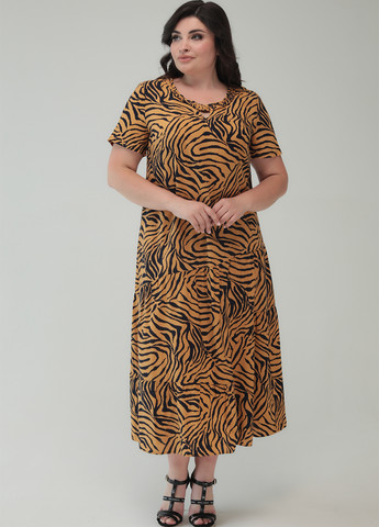 Горчичное кэжуал платье а-силуэт A'll Posa с животным (анималистичным) принтом