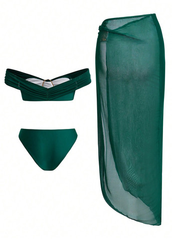 Изумрудный летний комплект (лиф, трусики, юбка) бандо, раздельный SHEIN