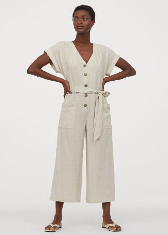 Комбінезон H&M комбінезон-брюки однотонний світло-бежевий кежуал льон, віскоза