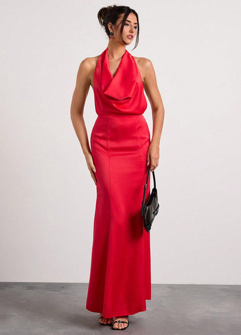 Красное праздничный, коктейльное, вечернее платье с открытой спиной SHEIN однотонное