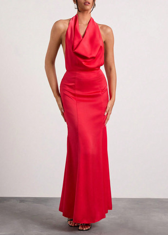 Красное праздничный, коктейльное, вечернее платье с открытой спиной SHEIN однотонное