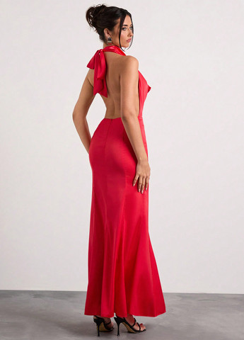 Красное праздничный, коктейльное, вечернее платье с открытой спиной SHEIN однотонное
