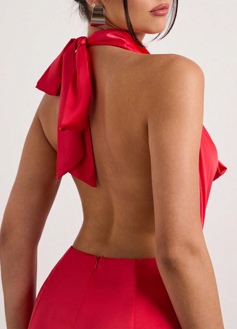 Красное праздничный, коктейльное, вечернее платье с открытой спиной SHEIN однотонное