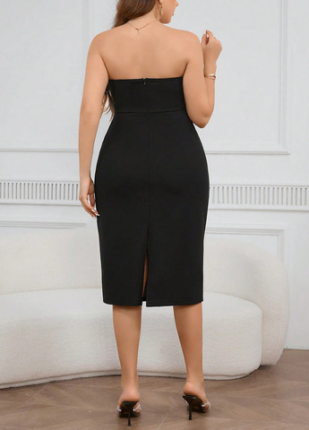 Черное вечернее платье бандо SHEIN однотонное