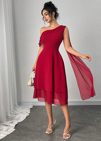 Красное праздничный, вечернее платье клеш SHEIN однотонное