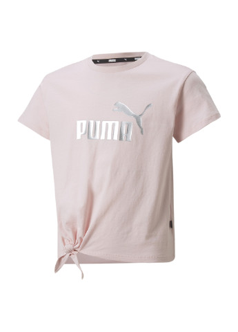 Детская футболка Essentials+ Logo Knotted Youth Tee Puma однотонная розовая спортивная хлопок, полиэстер
