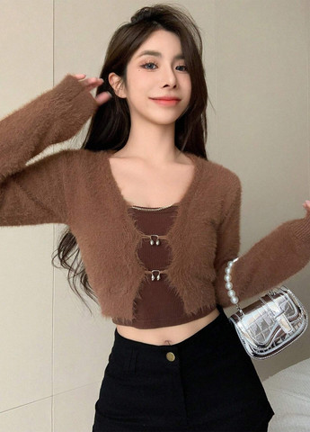 Коричневый демисезонный кардиган SHEIN