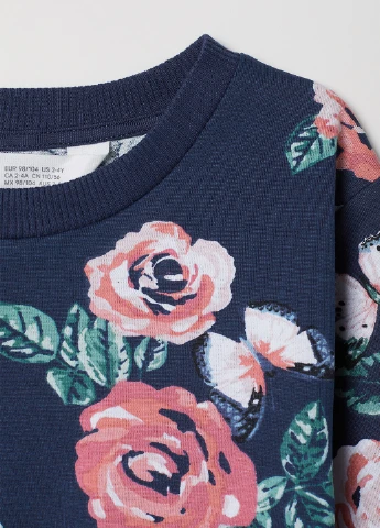 H&M світшот троянди темно-синій кежуал бавовна, трикотаж