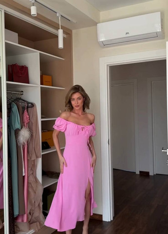 Розовое кэжуал, вечернее платье с открытыми плечами Fashion однотонное
