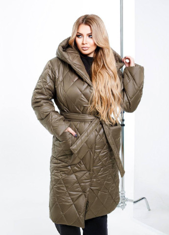 Оливковая (хаки) женская стеганная куртка под пояс цвет хаки р. 50/52 377567 New Trend