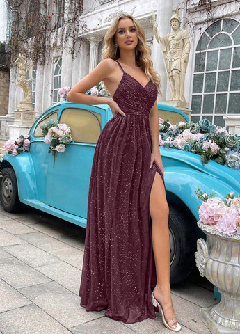 Темно-вишневое праздничный, вечернее платье клеш SHEIN однотонное