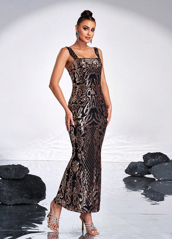 Чорна вечірня сукня силуетна SHEIN з орнаментом