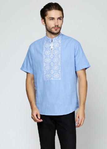 Голубой кэжуал рубашка с орнаментом ЕтноМодерн с коротким рукавом