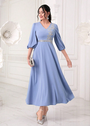 Світло-синя вечірня сукня з спідницею-сонце, в стилі армпір SHEIN однотонна