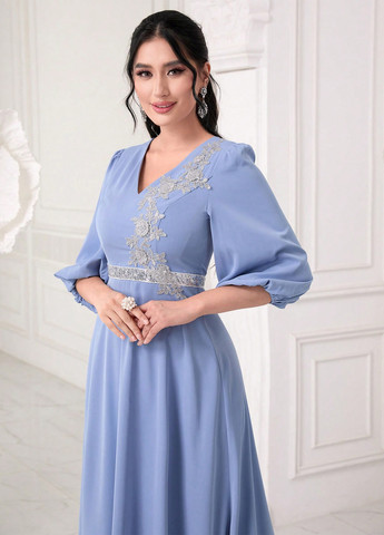 Світло-синя вечірня сукня з спідницею-сонце, в стилі армпір SHEIN однотонна