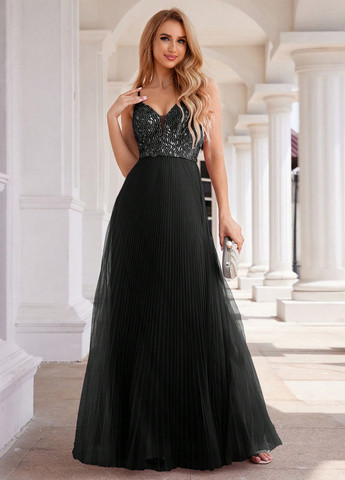 Черное праздничный, вечернее платье с открытой спиной, а-силуэт SHEIN однотонное