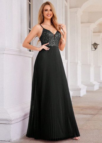 Черное праздничный, вечернее платье с открытой спиной, а-силуэт SHEIN однотонное