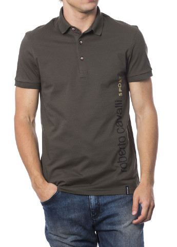 Оливковая (хаки) мужская футболка поло Roberto Cavalli с надписью