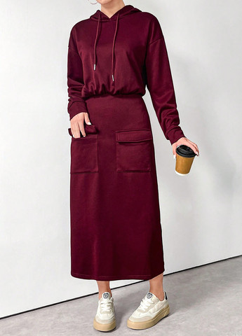 Бордовое кэжуал платье платье-худи SHEIN однотонное