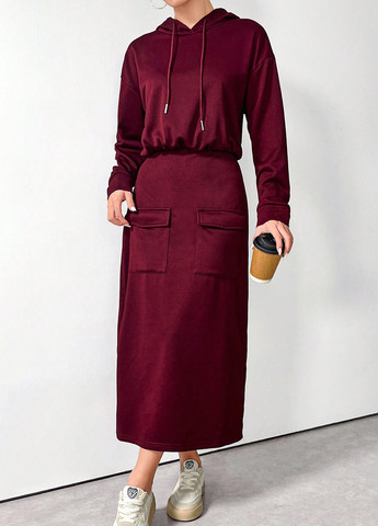 Бордовое кэжуал платье платье-худи SHEIN однотонное