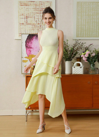 Світло-жовтий святковий, вечірня сукня кльош, з відкритими плечима SHEIN однотонна