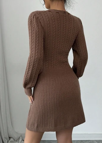 Коричневое кэжуал платье платье-свитер SHEIN однотонное