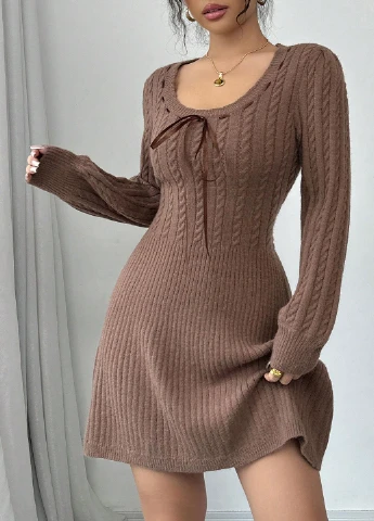 Коричневое кэжуал платье платье-свитер SHEIN однотонное