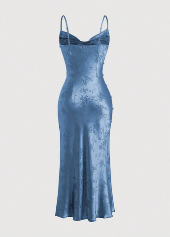 Темно-голубое вечернее, кэжуал платье годе, платье-комбинация SHEIN с цветочным принтом