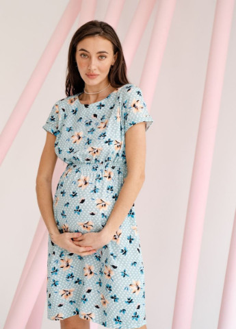 Серо-синее нежное хлопковое платье для беременных и кормящих серо-синее с секретом кормления To Be с цветочным принтом