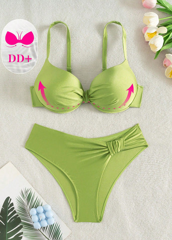 Салатовый летний купальник (лиф, трусики) балконет, раздельный SHEIN