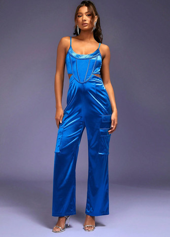 Комбінезон SHEIN комбінезон-брюки однотонний синій кежуал, вечірній поліестер