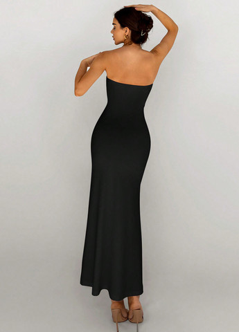 Черное вечернее платье годе, с открытой спиной SHEIN однотонное