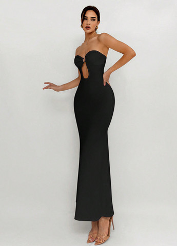 Черное вечернее платье годе, с открытой спиной SHEIN однотонное