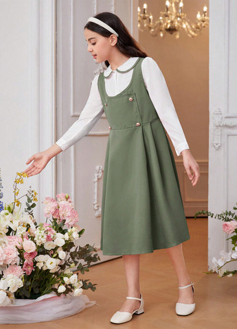 Фісташковий демісезонний комплект (блуза, сарафан) SHEIN